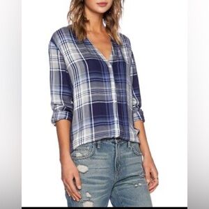 Soft Joie Dane Blouse blue plaid top, Roll Tab collarless navy